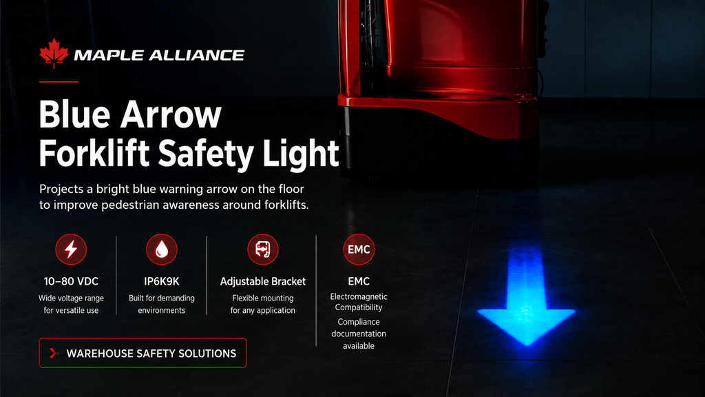 Blue arrow forklift safety light projecting arrow warning beam on warehouse floor