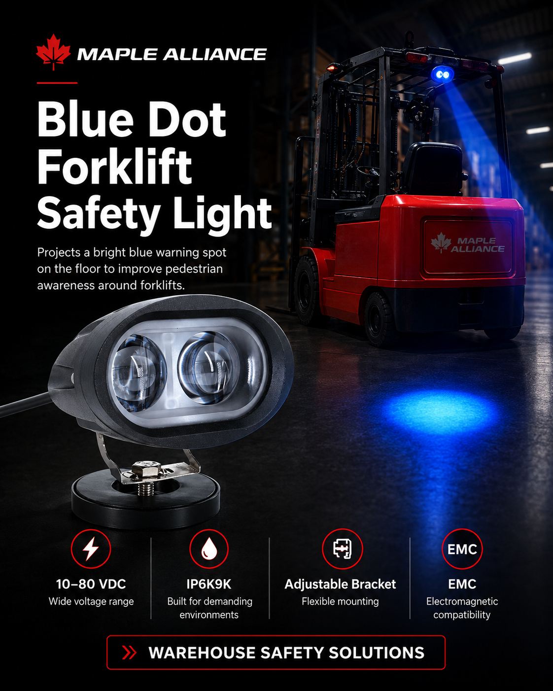 Blue spot forklift safety light projecting blue warning spot behind forklift